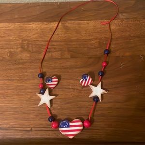 Wooden red , white and blue 4th of July necklace and earrings.